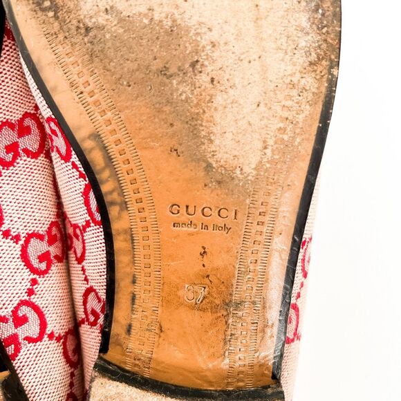 Gucci Jordaan Horsebit Loafer Red GG Canvas Flat Supreme Buckle 37, 7 - Picture 13 of 13